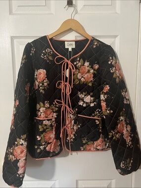 Oddi Quilted Floral Tie-Front Jacket in Black with Pink Roses
